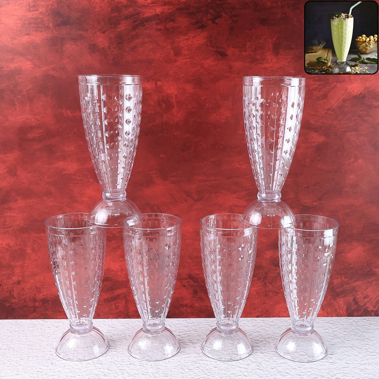 Supermom Transparent Plastic Milkshake Glass Set (400ml  6 Pc) Supermom Transparent Plastic Milkshake Glass Set (400ml  6 Pc)